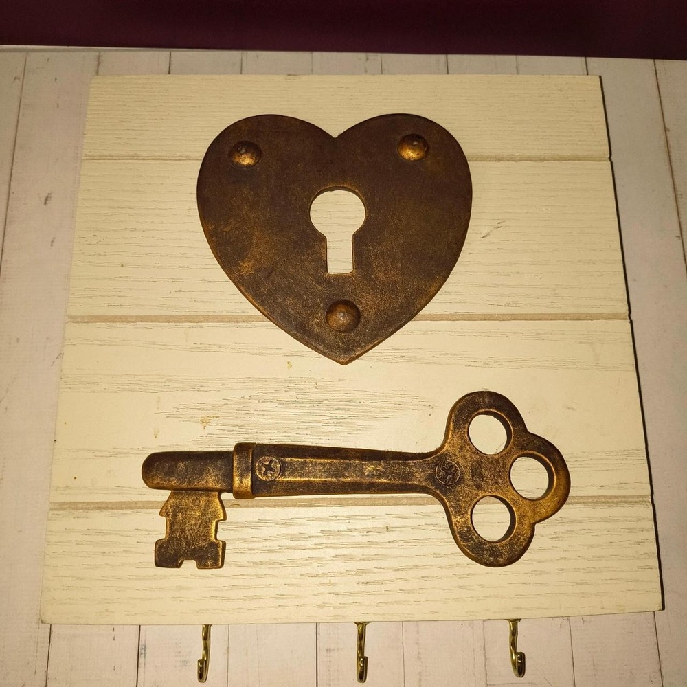 Vintage Brass Heart Lock and Key Wall Decor Plaque with 3 Hooks Gold Brown